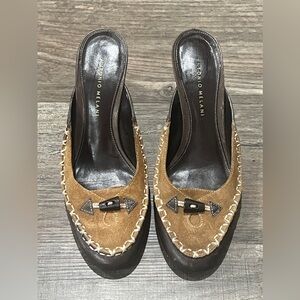 Antonio Melani Heels Kitten Suede & Leather Moccasin Style Brown